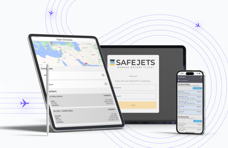 SAFEJETS FTL flight operations software shown on a tablet, laptop and phone